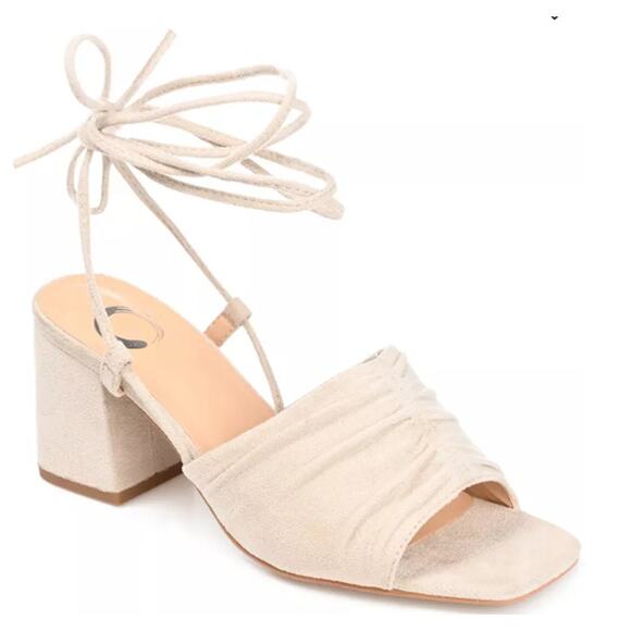 JOURNEE COLLECTION 'FELISITY' RUCHED ANKLE TIE BLOCK HEEL SANDAL LT.BEIGE 9M NEW - Picture 1 of 9